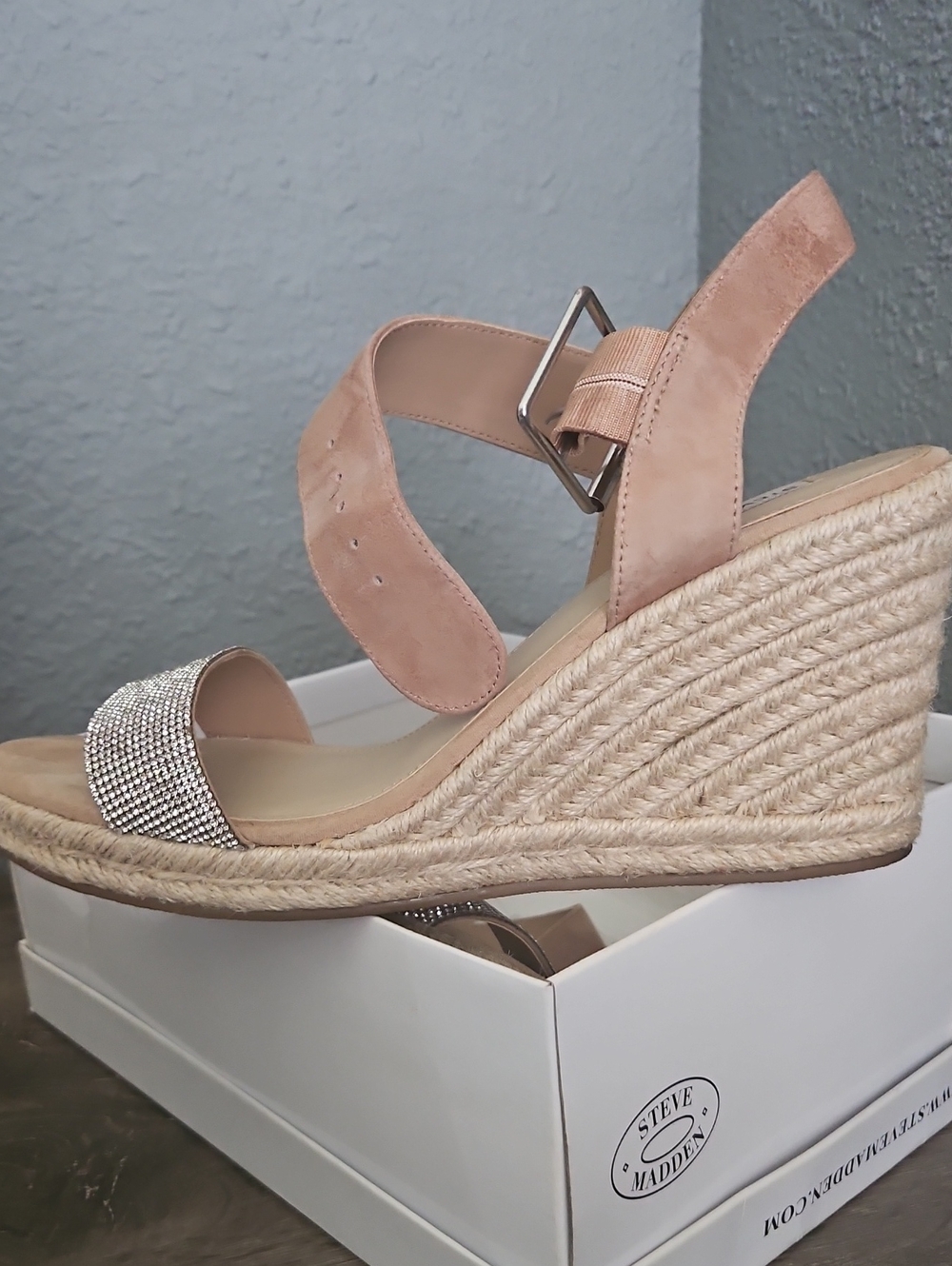Steve Madden Blush Suede Espadrille Wedges with Rhinestone Toe
